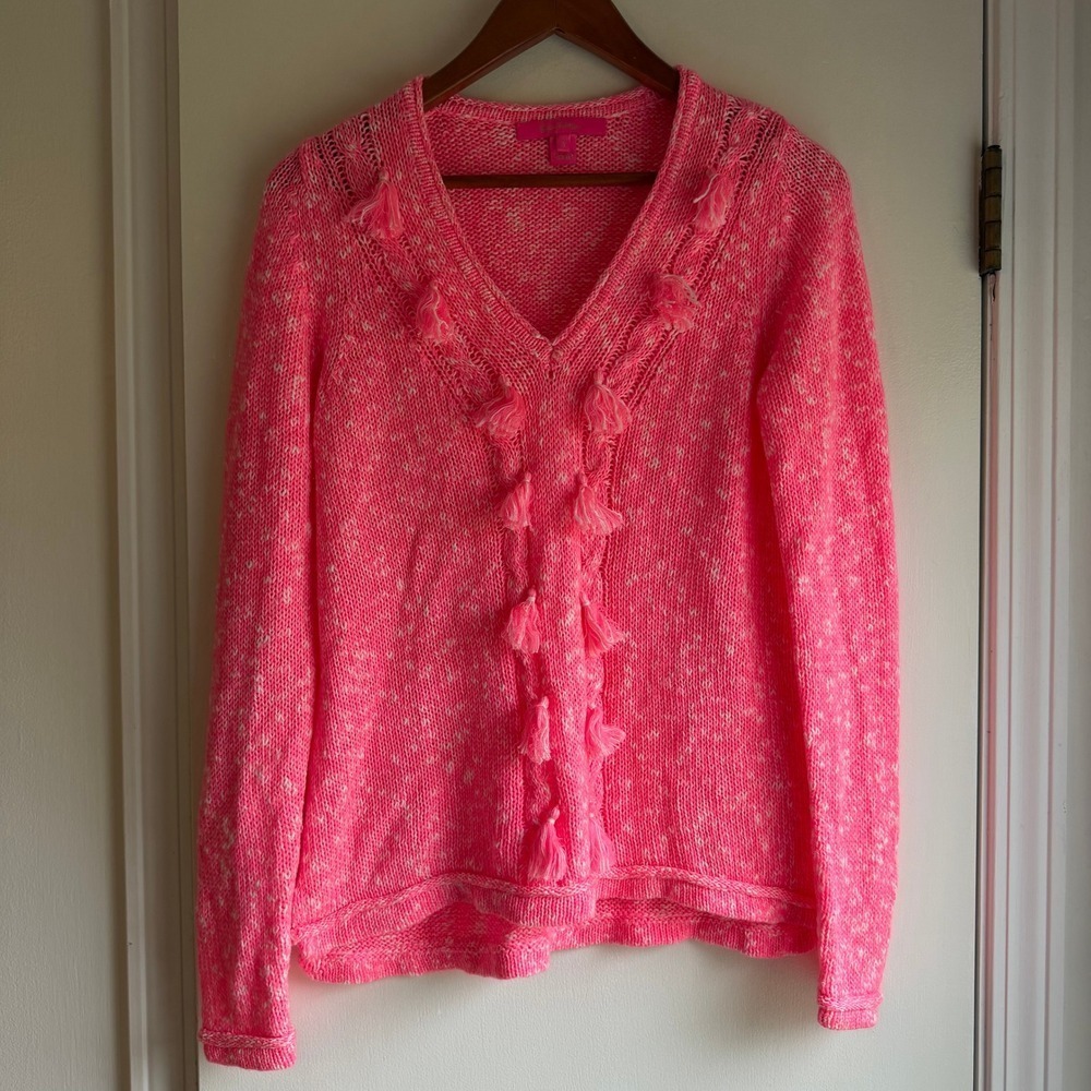Lilly Pulitzer Pink White Speckled V Neck Tassel Sweater Size S